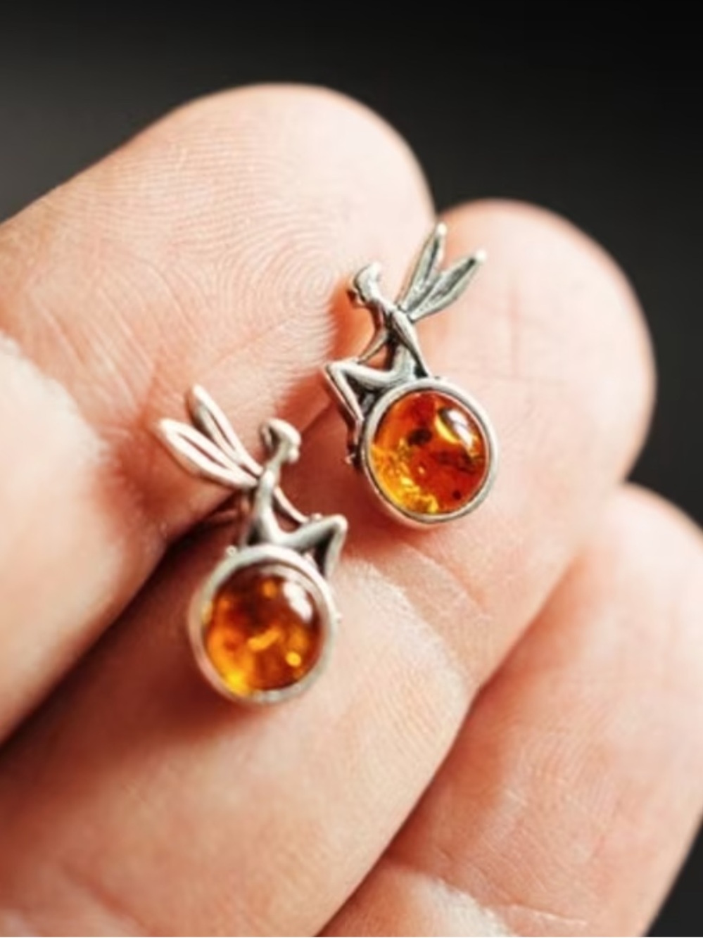 Amber Orb Fairy Stud Earrings - Silver